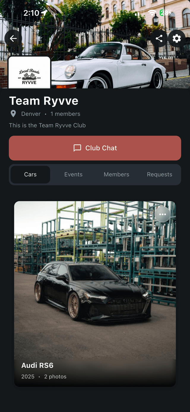Ryvve club detail screen showing the club header, member count, upcoming meets, and discussion feed