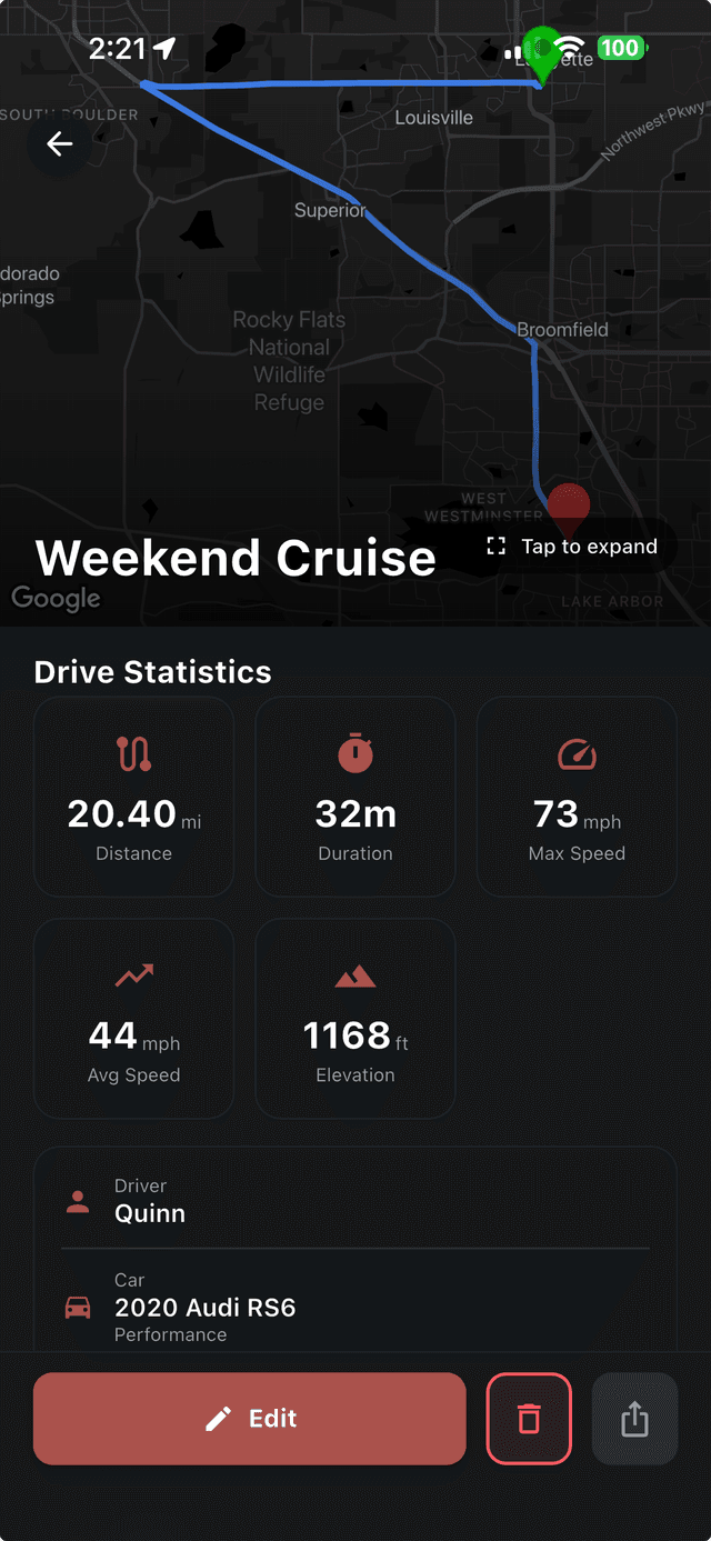 Ryvve drive detail screen with a 3D map of the GPS route, distance, duration, and top speed stats