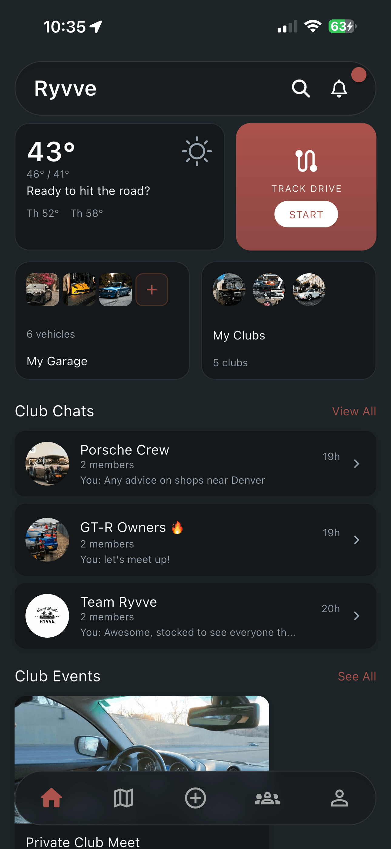 Ryvve app home dashboard showing upcoming car meets, recent drives, and garage highlights