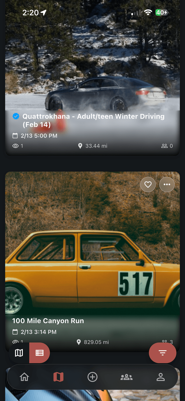 Ryvve event discovery feed listing upcoming car meets, Cars and Coffee, and track days near the user with date, distance, and RSVP count