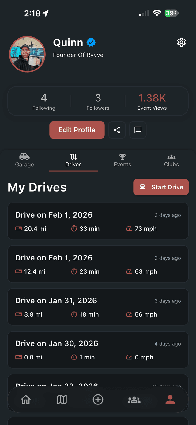 Ryvve profile drive history timeline with each drive's thumbnail route, date, distance, and duration