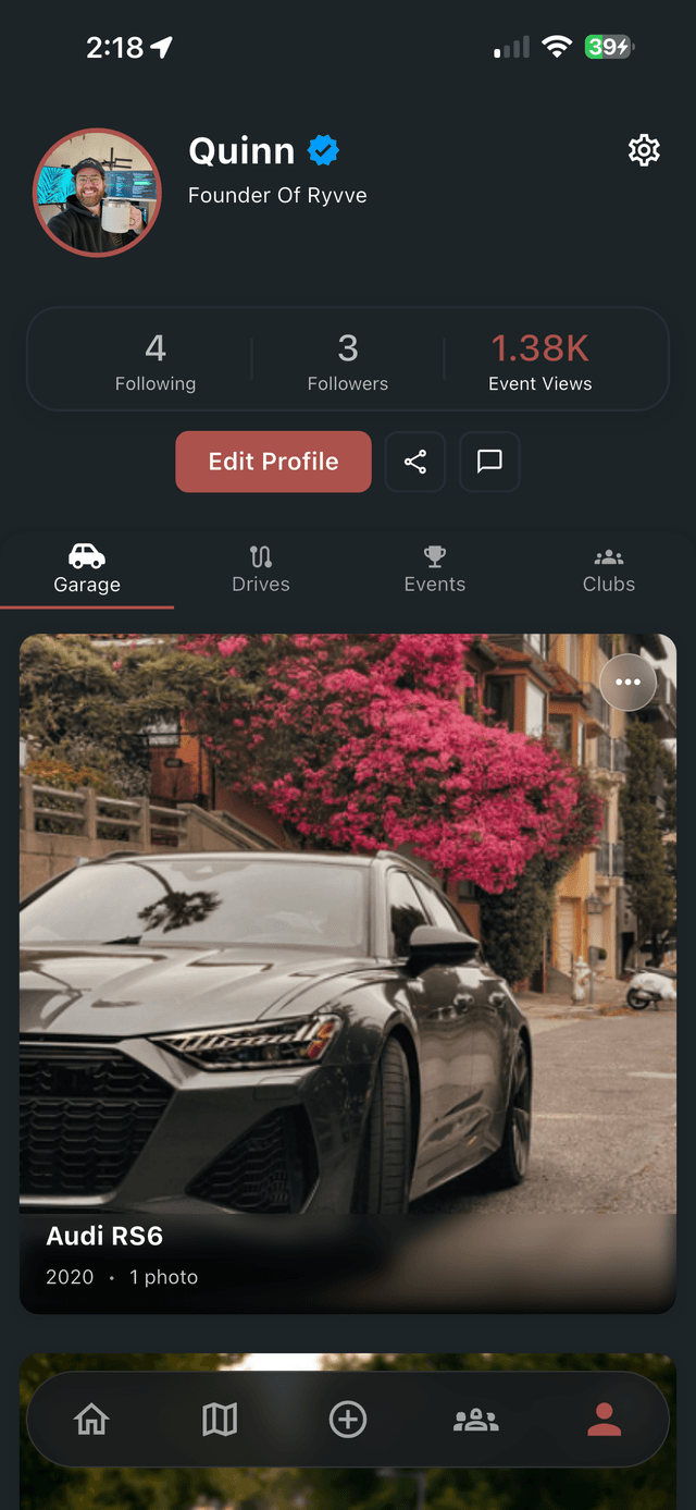 Ryvve garage screen with a user's cars showcased as cards including photos, make/model, and modification logs